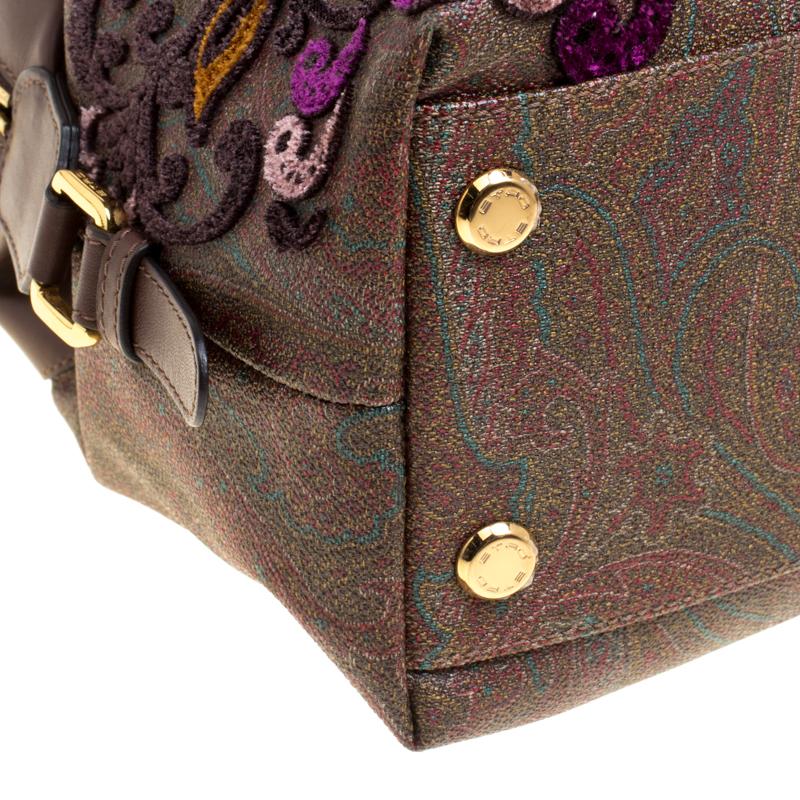 Etro Brown Paisley Printed Coated Canvas Embroidered Boston Bag In Good Condition In Dubai, Al Qouz 2