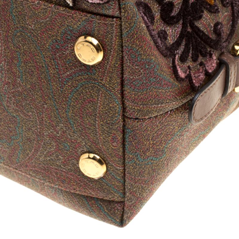 Women's Etro Brown Paisley Printed Coated Canvas Embroidered Boston Bag