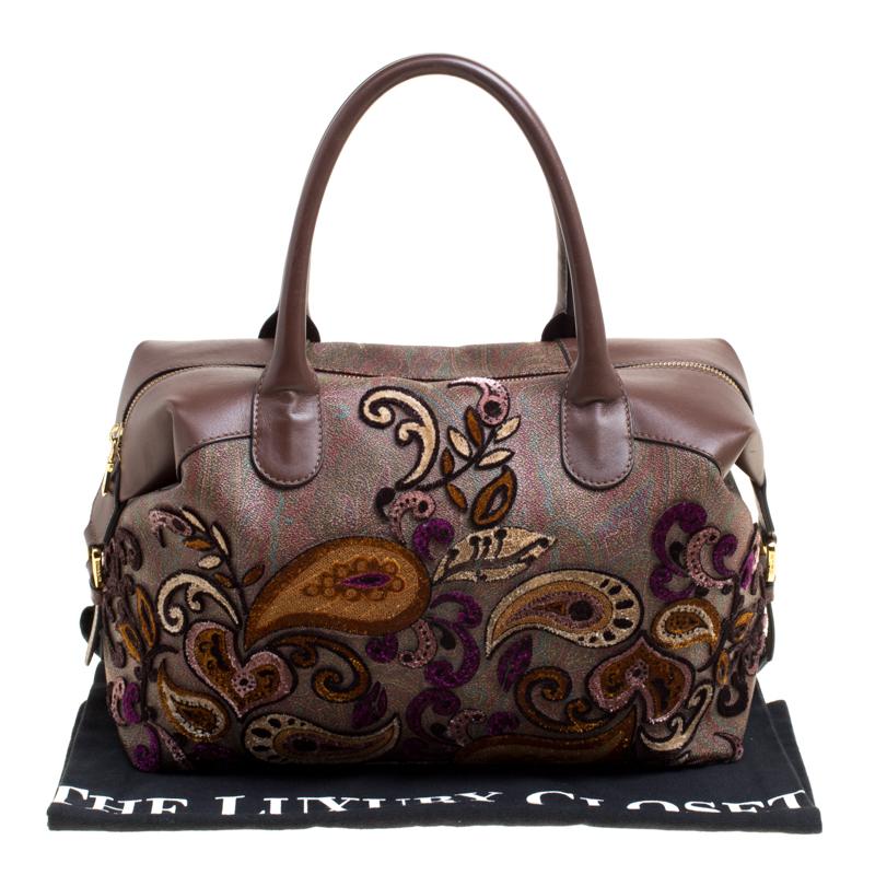 Etro Brown Paisley Printed Coated Canvas Embroidered Boston Bag 2
