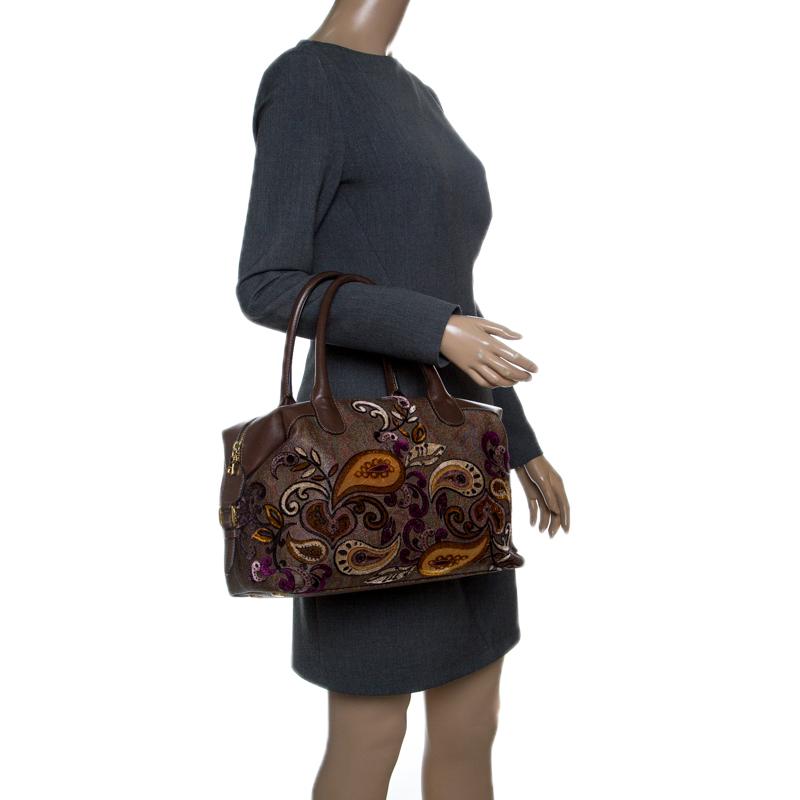 Black Etro Brown Paisley Printed Coated Canvas Embroidered Boston Bag
