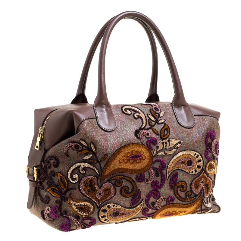 Etro Brown Paisley Printed Coated Canvas Embroidered Boston Bag 1