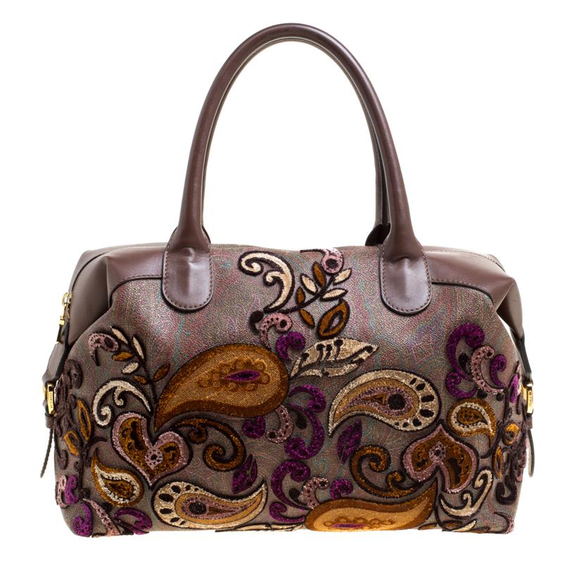 Etro Brown Paisley Printed Coated Canvas Embroidered Boston Bag