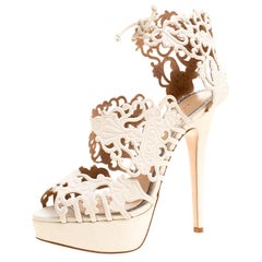 Charlotte Olympia Cream Laser Cut Suede Belinda Peep Toe Platform Sandals Size 3