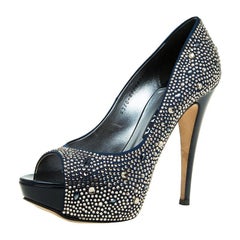Gina Black Crystal Embellished Peep Toe Pumps Size 39.5
