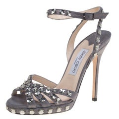 Jimmy Choo Metallic Grey Suede Joni Crystal Embellished Ankle Strap Sandals Size