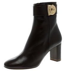 Salvatore Ferragamo Dark Brown Leather Fiamma Ankle Boots Size 40.5