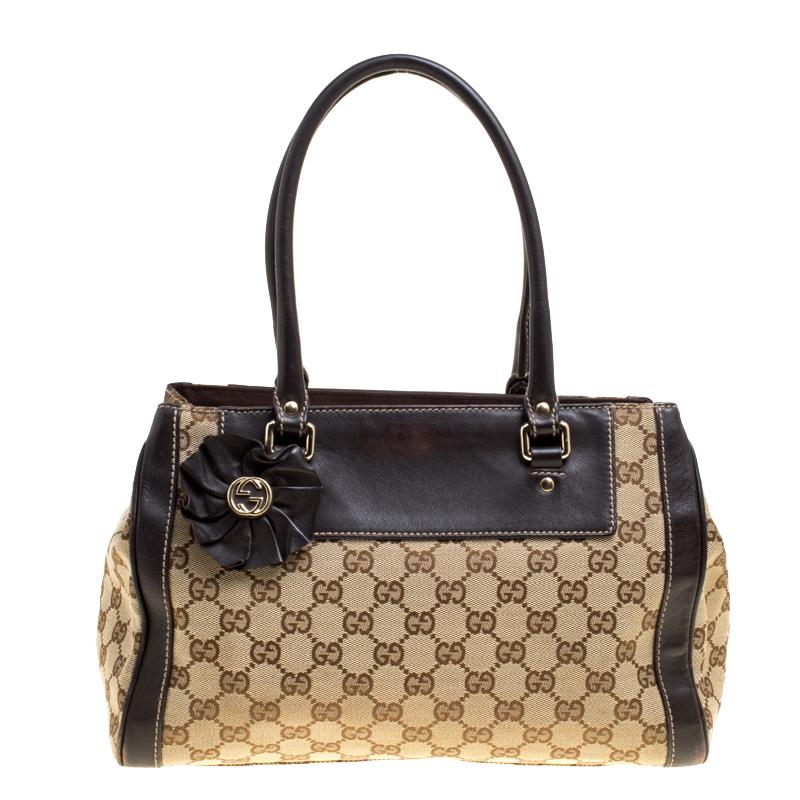 Gucci Beige/Brown GG Canvas and Leather Small Trophy Tote