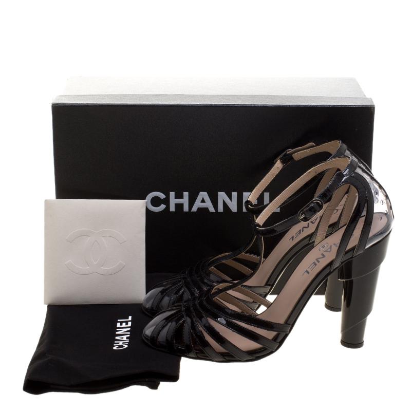Women's Chanel Black Patent Leather and PVC Architectural T-Strap Sandals Size 37.5