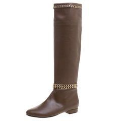 Le Silla Brown Leather Chain Detail Knee High Boots Size 39