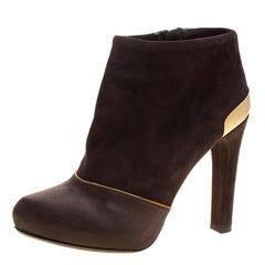 Fendi Brown Suede and Satin Ankle Boots Size 37.5