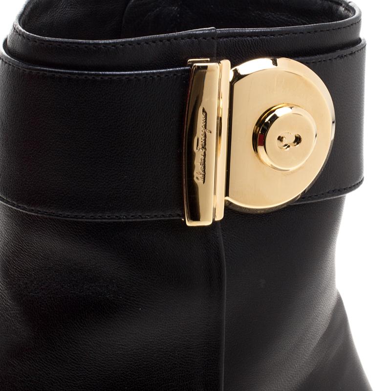 Salvatore Ferragamo Black Leather Fiamma Ankle Boots Size 39.5 4