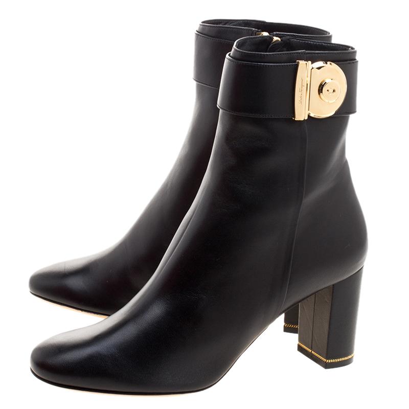 Salvatore Ferragamo Black Leather Fiamma Ankle Boots Size 39.5 2