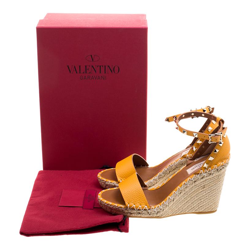 Valentino Tangerine Orange Leather Rockstud Espadrille Wedge Sandals Size 38 3