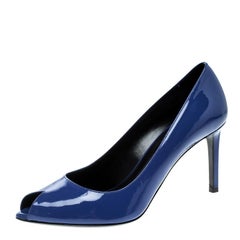 Saint Laurent Paris Cobalt Blue Patent Leather Peep Toe Pumps Size 37.5