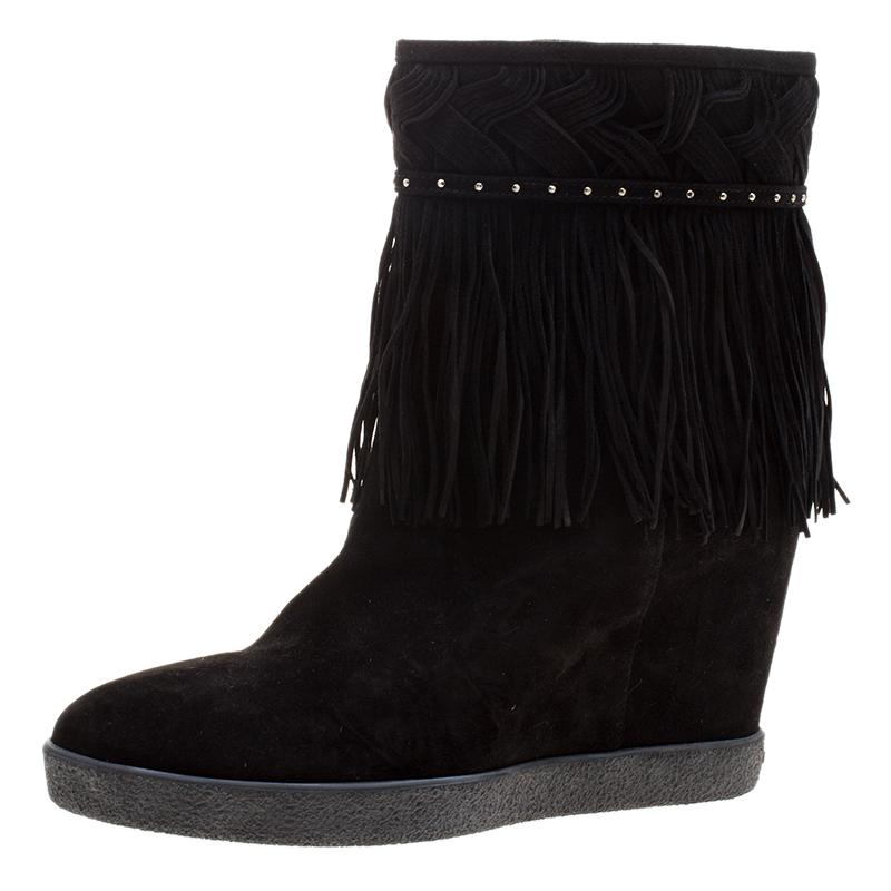 Le Silla Black Suede Concealed Fringed Wedge Boots Size 37.5