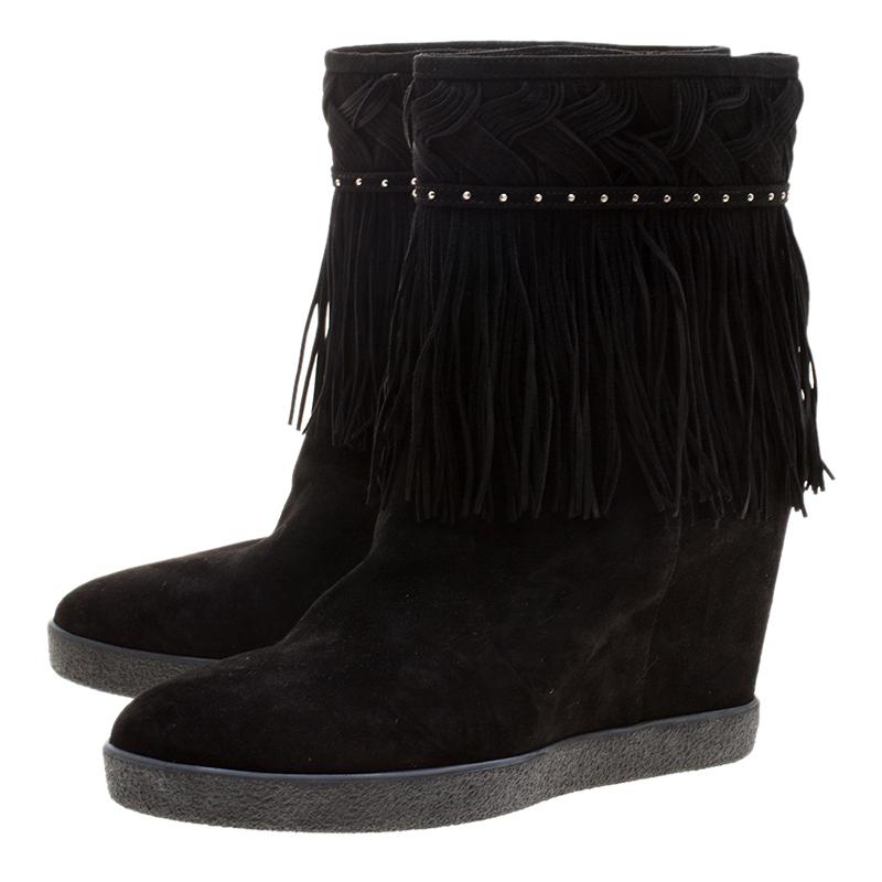 Le Silla Black Suede Concealed Fringed Wedge Boots Size 37.5 1