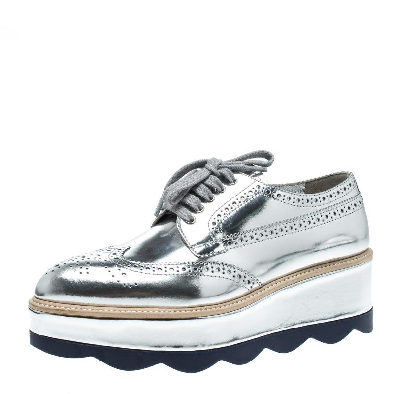 Prada Metallic Silver Brogue Leather Wave Wingtip Platform Derby Sneakers Size 3