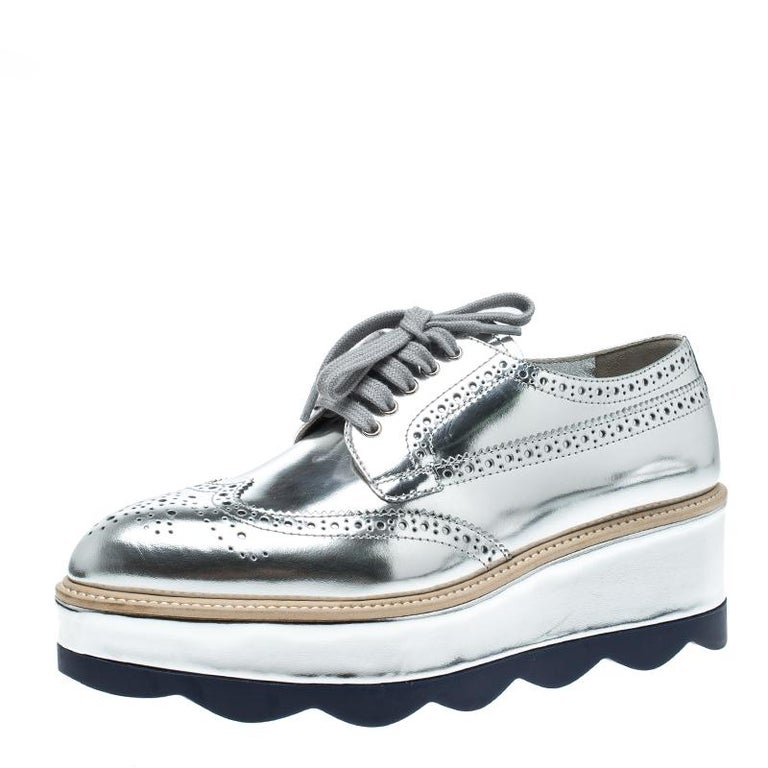Prada Metallic Silver Brogue Leather Wave Wingtip Platform Derby Sneakers  Size 3 at 1stDibs
