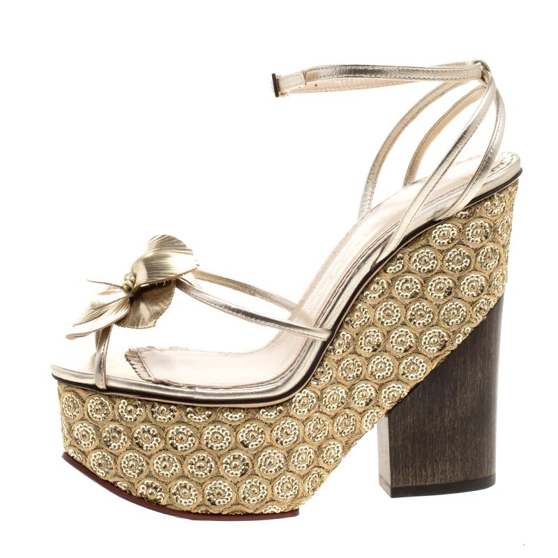 Charlotte Olympia Metallic Gold Leather and PVC Orchid Leandra Ankle Strap Platf 1