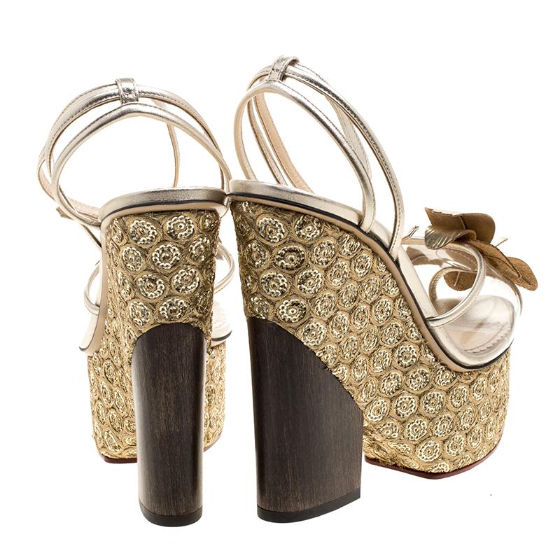 Charlotte Olympia Metallic Gold Leather and PVC Orchid Leandra Ankle Strap Platf In New Condition In Dubai, Al Qouz 2