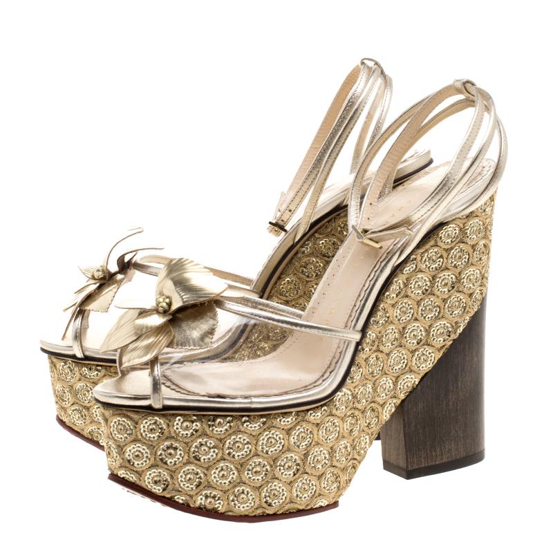 Charlotte Olympia Metallic Gold Leather and PVC Orchid Leandra Ankle Strap Platf 3
