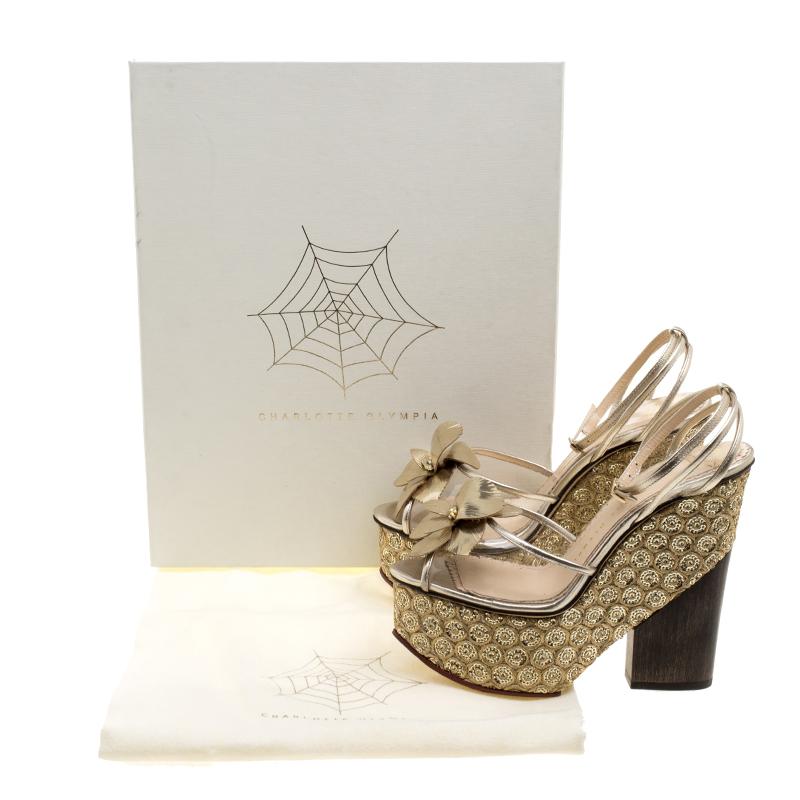 Charlotte Olympia Metallic Gold Leather and PVC Orchid Leandra Ankle Strap Platf 4