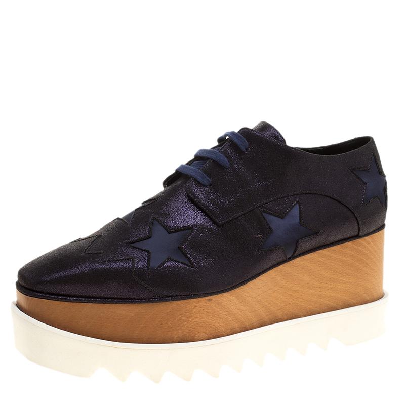Stella McCartney Metallic Blue Faux Suede Elyse Star Platform Lace Up Derby Size
