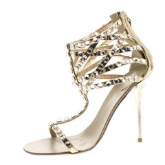 Giuseppe Zanotti Metallic Dull Gold Leather Crystal Embellished T Strap Sandals 