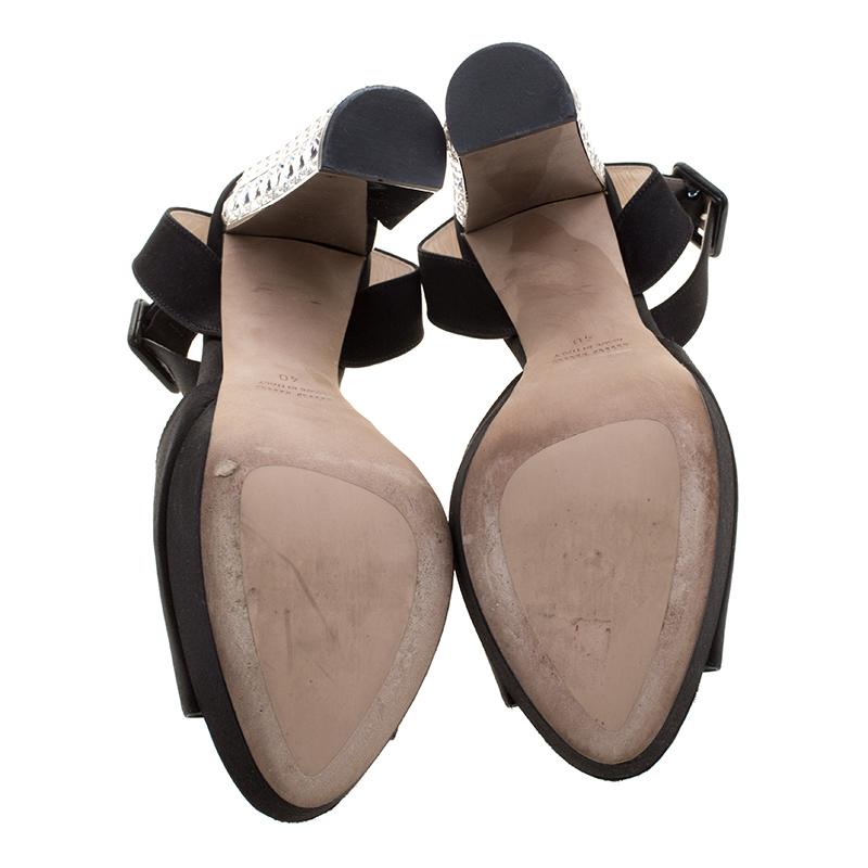Women's Miu Miu Black Satin Crystal Embellished Block Heel Ankle Strap Sandals Size 40