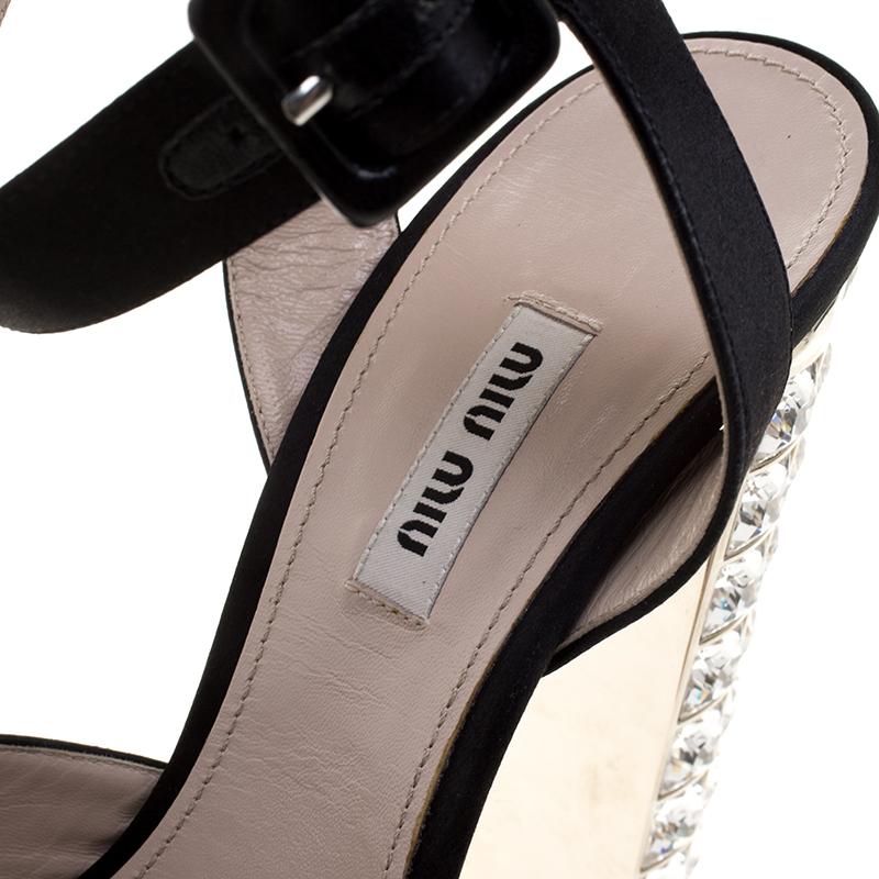 Miu Miu Black Satin Crystal Embellished Block Heel Ankle Strap Sandals Size 40 1