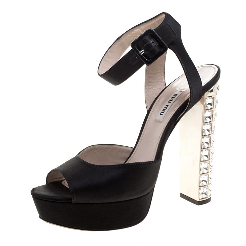 Miu Miu Black Satin Crystal Embellished Block Heel Ankle Strap Sandals Size 40