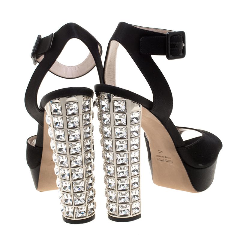 Miu Miu Black Satin Crystal Embellished Block Heel Ankle Strap Sandals Size 40 In Good Condition In Dubai, Al Qouz 2