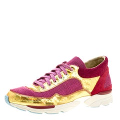Chanel Pink/Gold Tweed and Leather Lace Up Sneakers Size 39