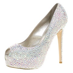 Le Silla Grey Crystal Embellished Leather Peep Toe Platform Pumps Size 38