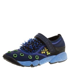 Dior Blue Crystal And Sequins Embellished Fabric Fusion Sneakers Size 37.5