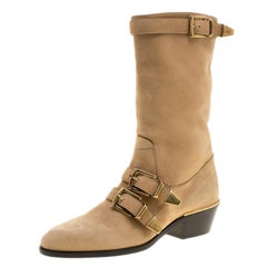 Used Chloe Beige Leather Susanna Buckle Detail Boots Size 36
