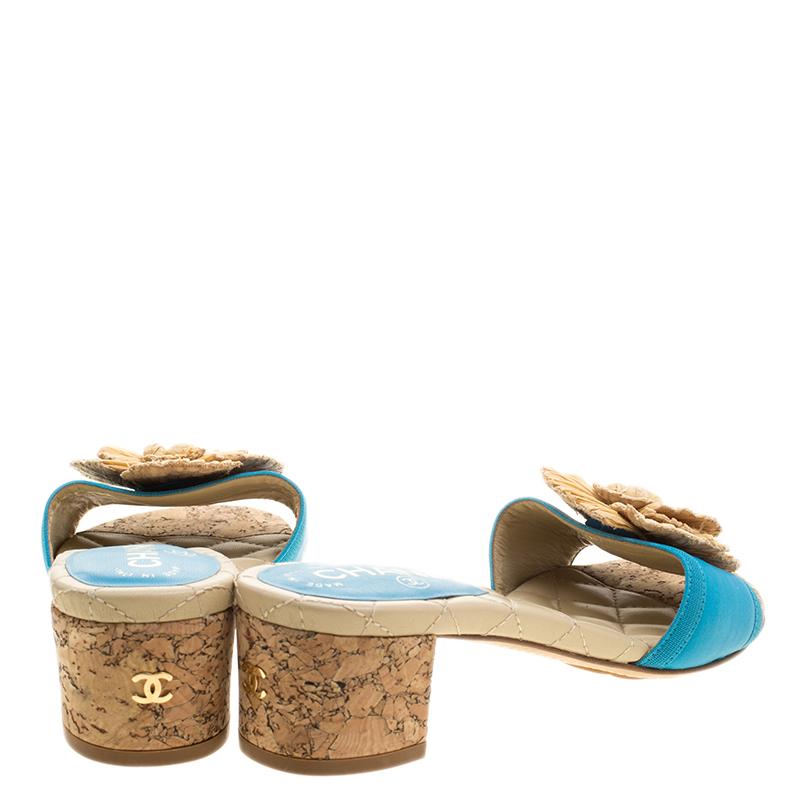 Beige Chanel Blue Leather Cork Heel Camellia Slides Size 36.5