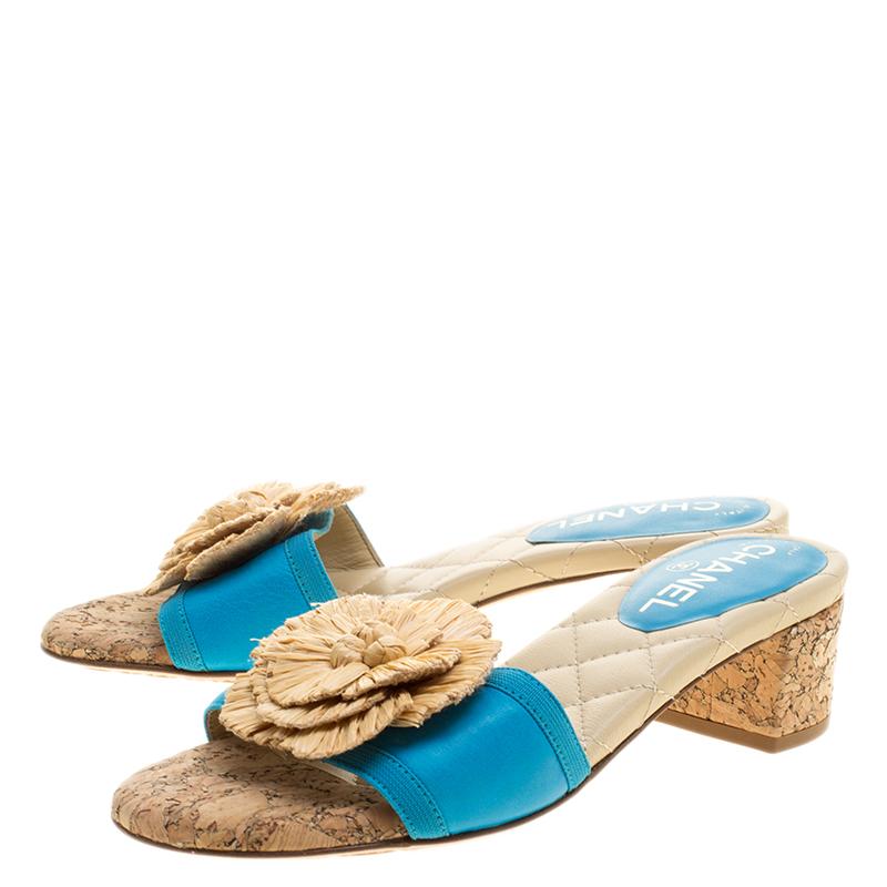 Chanel Blue Leather Cork Heel Camellia Slides Size 36.5 3