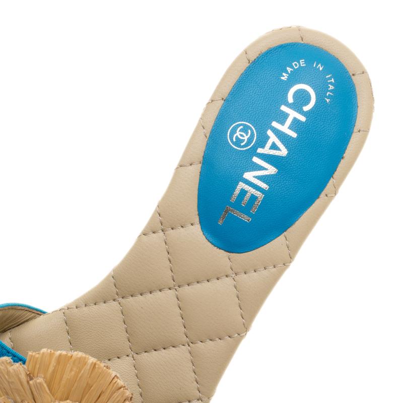 Women's Chanel Blue Leather Cork Heel Camellia Slides Size 36.5
