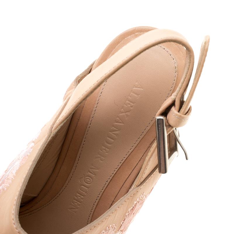 Women's Alexander McQueen Peach Leather Embroidered Slingback Wooden Clogs Size 39