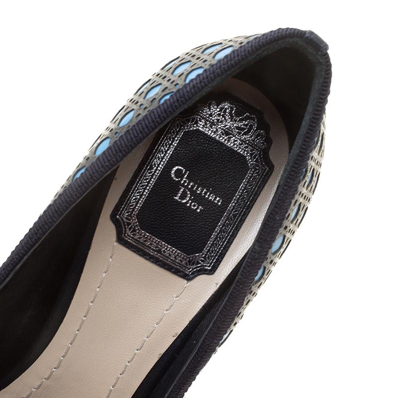 Dior Blue Cannage Contrast Leather Peep Toe Platform Pumps Size 37.5 4