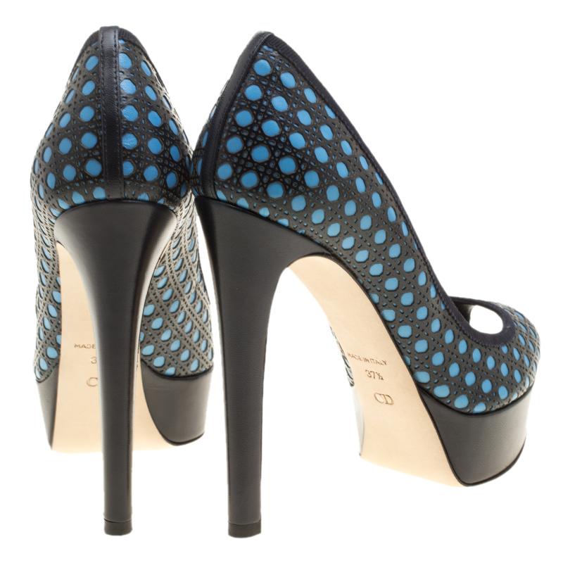 Black Dior Blue Cannage Contrast Leather Peep Toe Platform Pumps Size 37.5