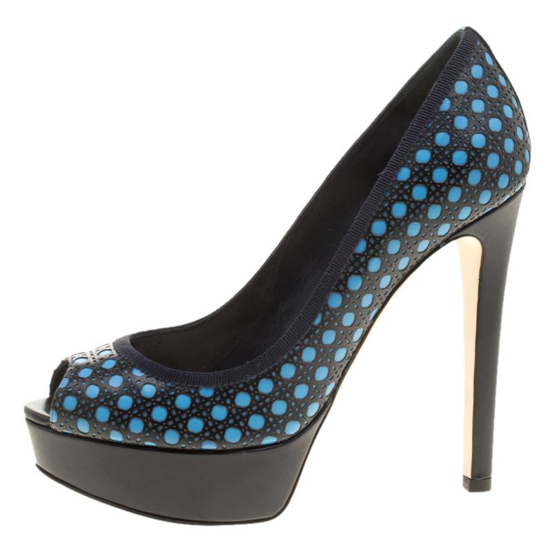 Dior Blue Cannage Contrast Leather Peep Toe Platform Pumps Size 37.5 1