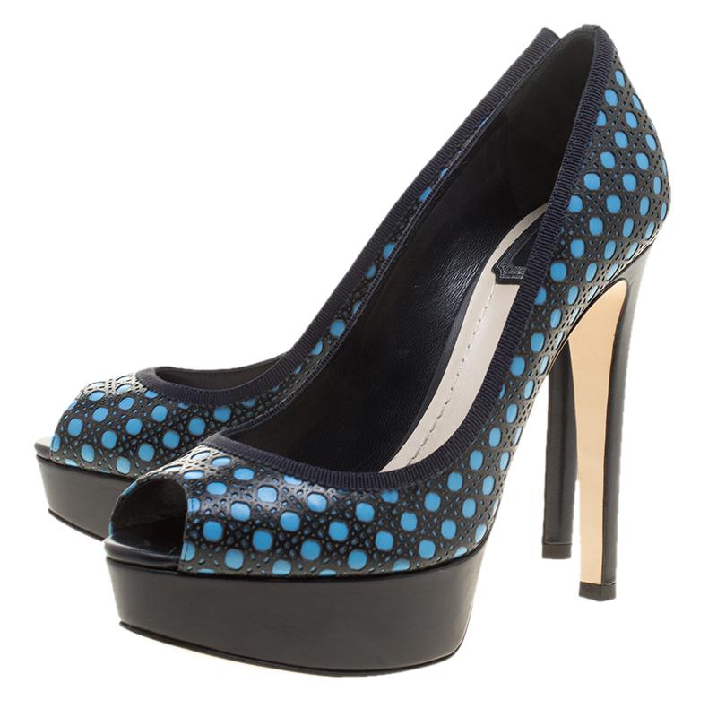 Women's Dior Blue Cannage Contrast Leather Peep Toe Platform Pumps Size 37.5