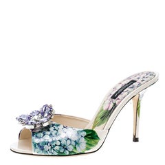 Dolce and Gabbana Multicolor Floral Print Leather Crystal Embellished Mules Slid