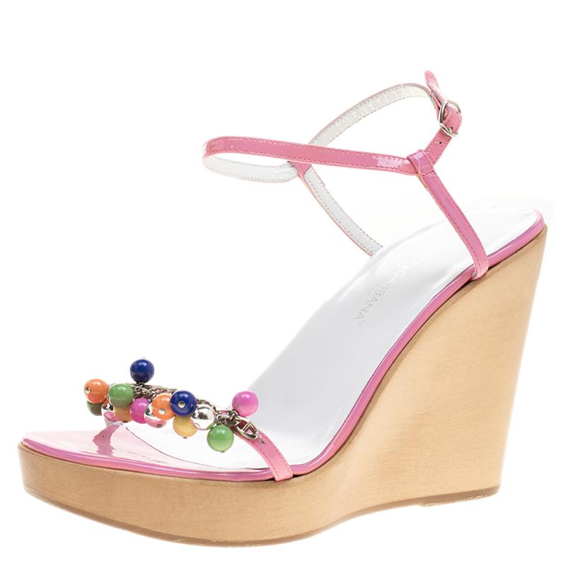 Dolce And Gabbana Pink Patent Leather Beads Embellished Ankle Strap Open Toe Wed