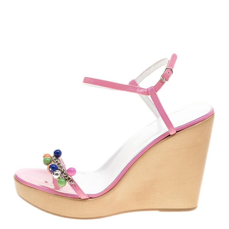 Dolce And Gabbana Pink Patent Leather Beads Embellished Ankle Strap Open Toe Wed 1