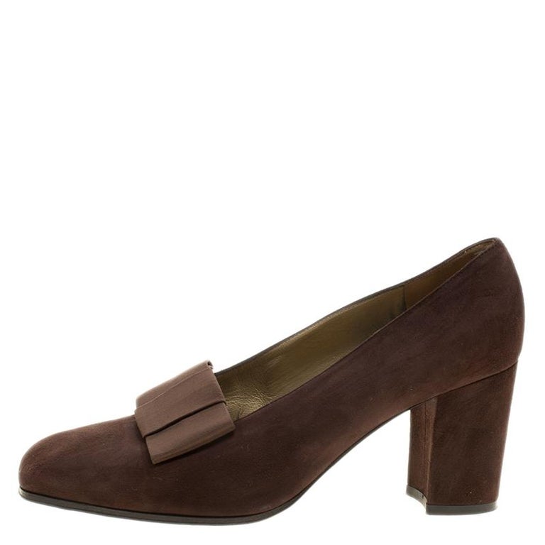 Saint Laurent Paris Brown Suede Bow Vintage Block Heel Pumps Size 38 at