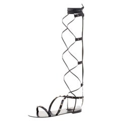Valentino Black Leather Knee High Rockstud Gladiator Flat Sandals Size 38.5