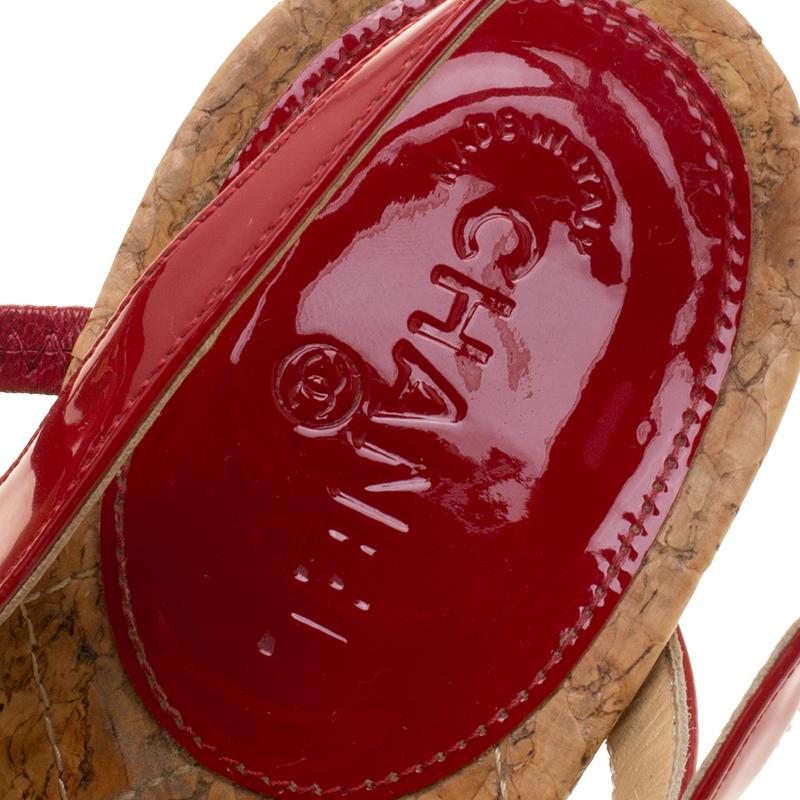 Chanel Red Patent Leather CC Logo Slingback Sandals Size 37.5 2